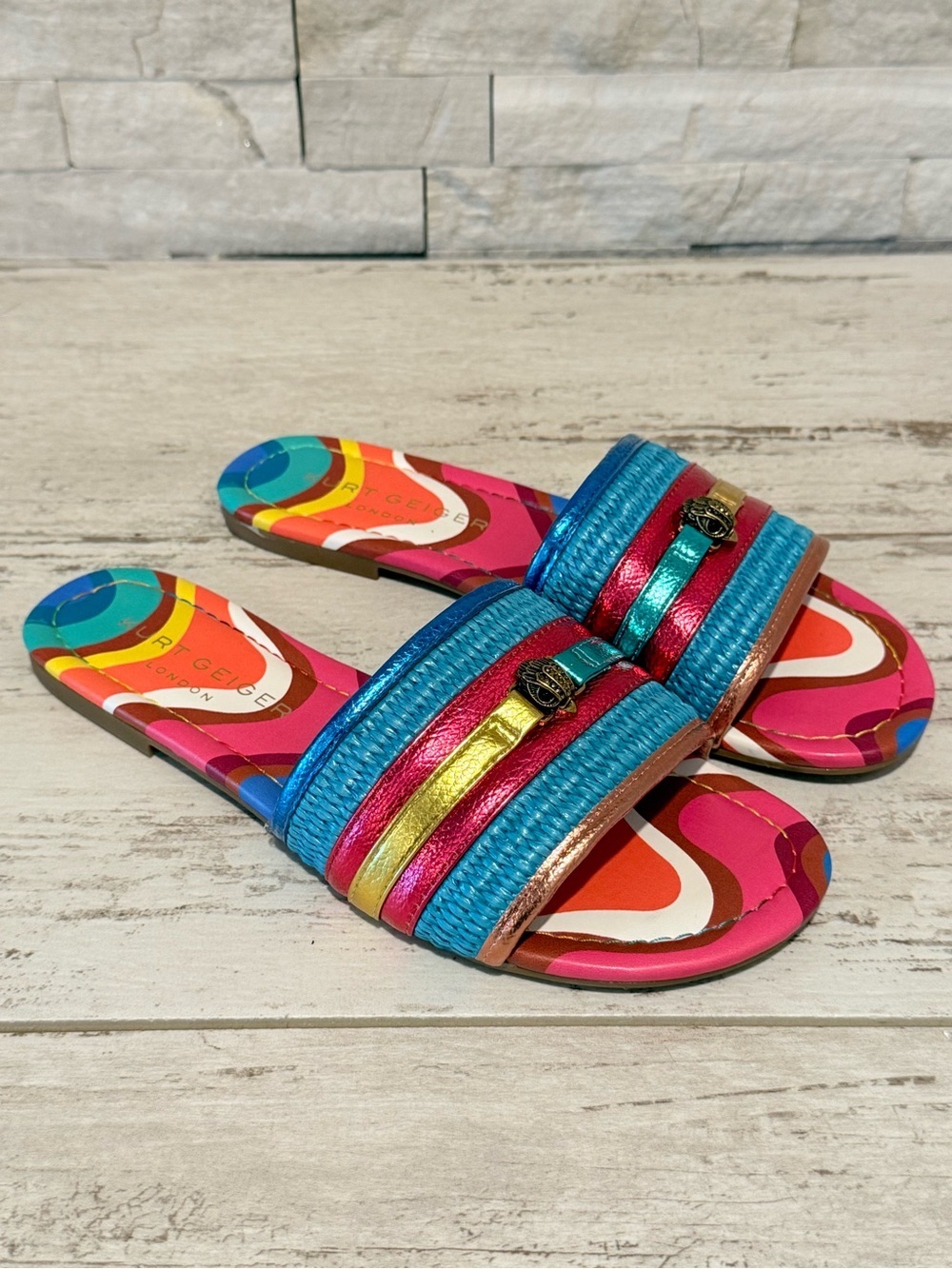 Kurt Geiger SOUTHBANK FLAT SLIDE RAFFIA SANDALS Multicolor New Size 38 - 7.5US